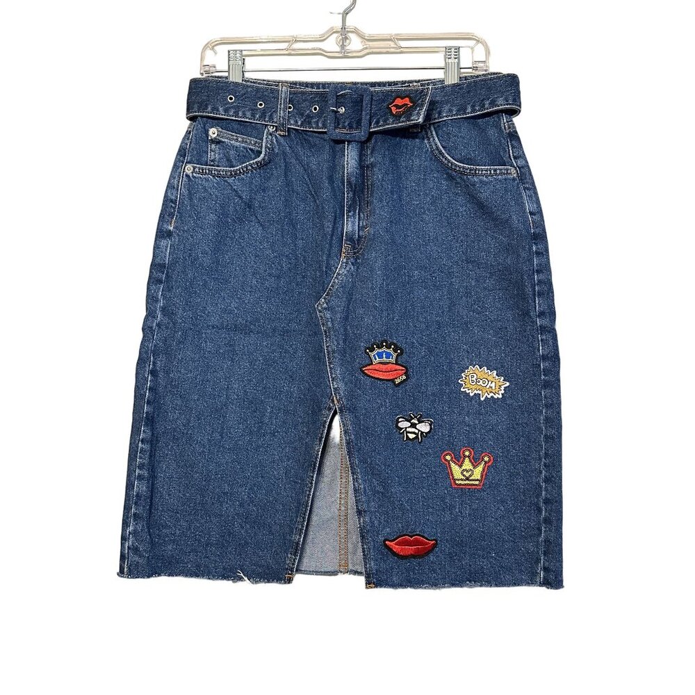 Topshop MOTO Women's Long Cutoff Denim Jean Skirt Long Front Slit Patches Size 8